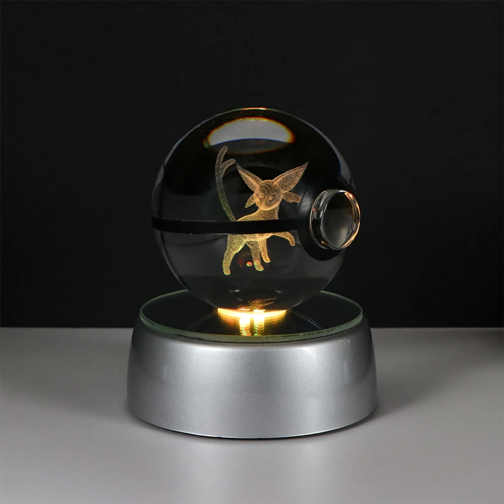 Pokemon 3D Kristallkugel Pikachu Figur Pokeball Gravur Kristall Glurak Modell mit LED-Lichtbasis Spielzeug Anime Weihnachtsgeschenk