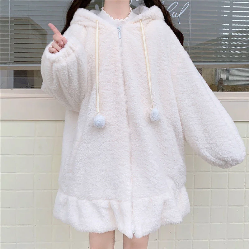 Winter Warm Oversized Sweatshirt Cute Kawaii Hoodies Women Lolita Bunny Ears Long Sleeve Zip Up Hooded Fleece Girls Jacket 2024