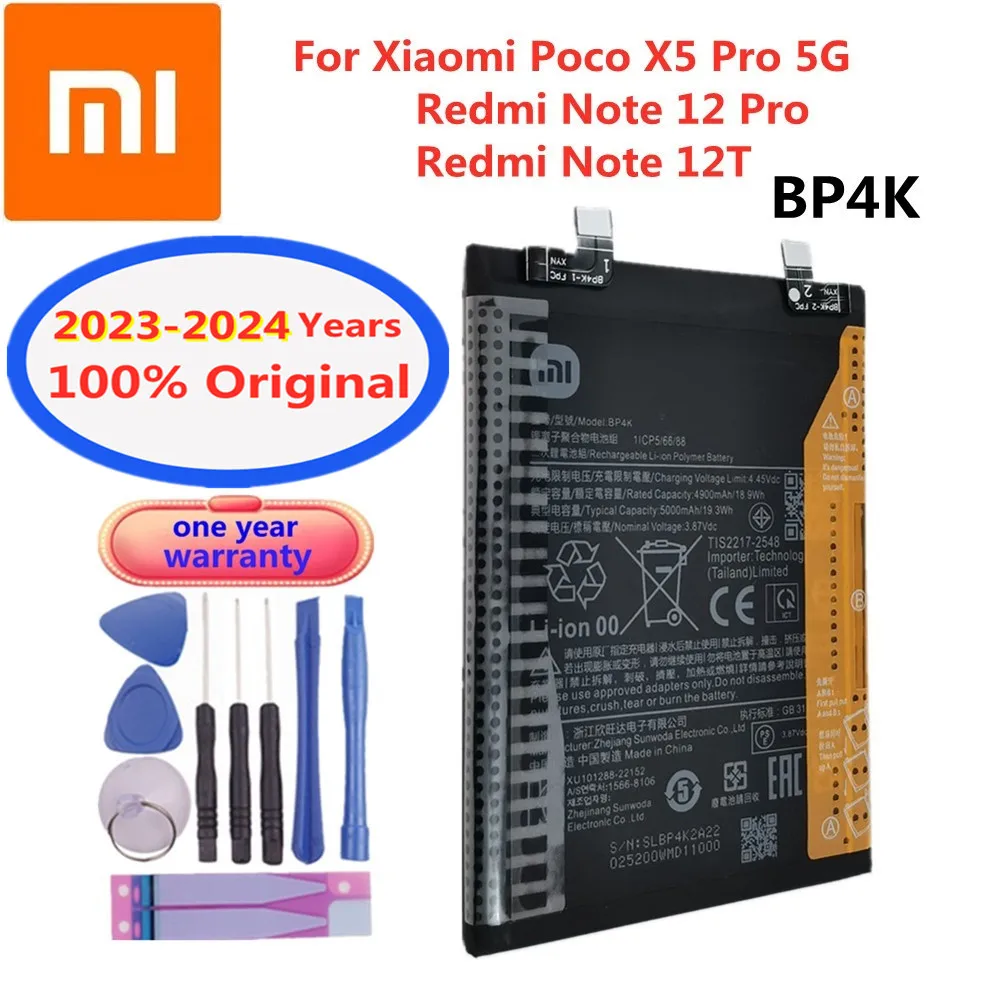 Bateria de Substituição para Xiaomi Redmi, 100% Original, Bateria do Telefone para Note 12 Pro, 12T, Poco X5 Pro, X5Pro, 12 Pro, 5G, BP4K, 5000mAh