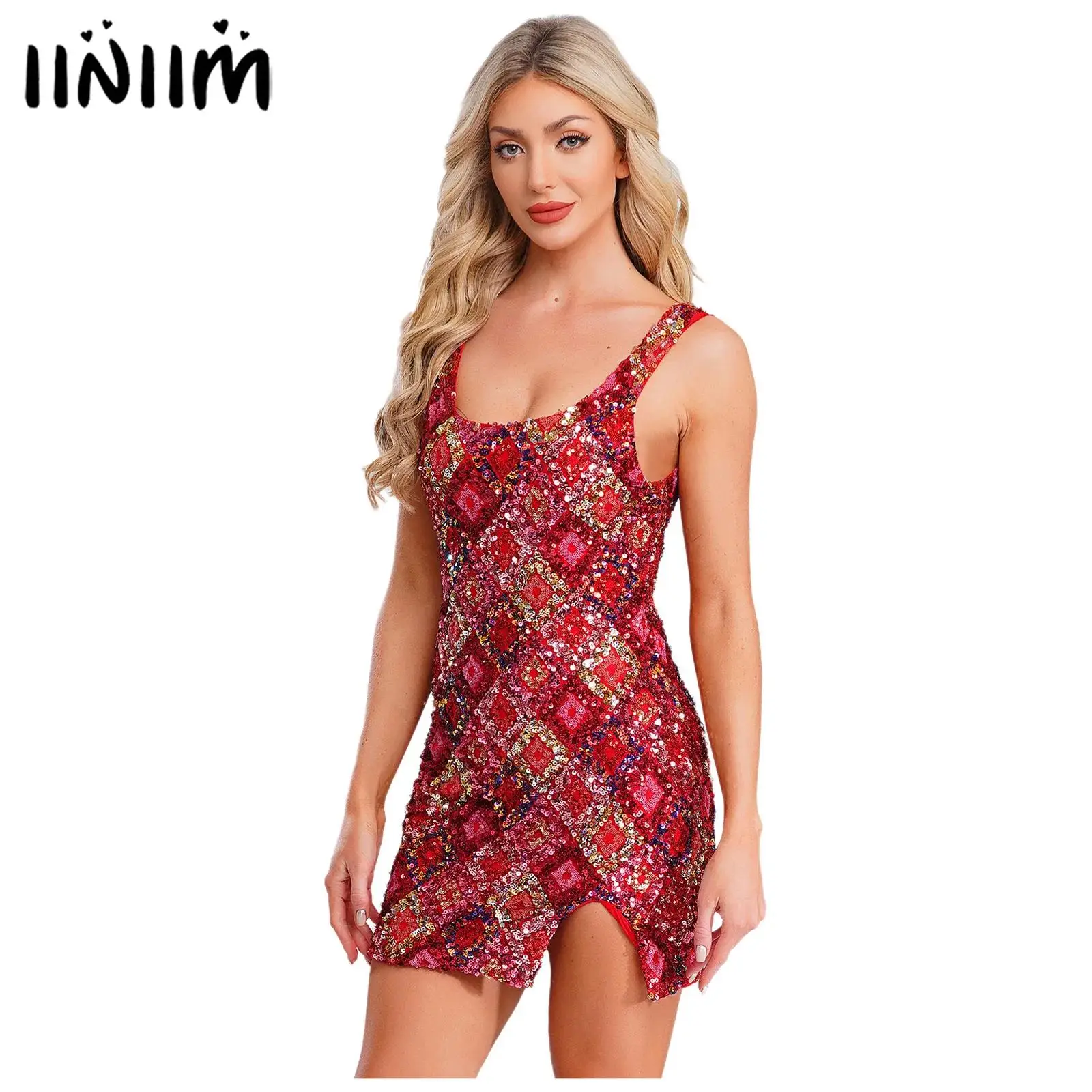 Damen Allover-Pailletten, figurbetontes Minikleid, U-Ausschnitt, Schlitzsaum, vollständig gefüttert, glitzerndes Argyle, hoher Schlitz, kurze Kleider, Party-Vestidos