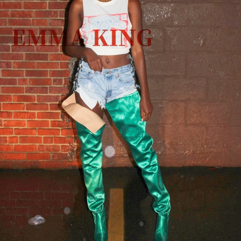 الخريف النساء الفخذ أحذية عالية الساتان الجلود الإفراط في الركبة التمهيد مثير أشار تو سحب على الشارع نمط أحذية نسائية حجم كبير 44 #2