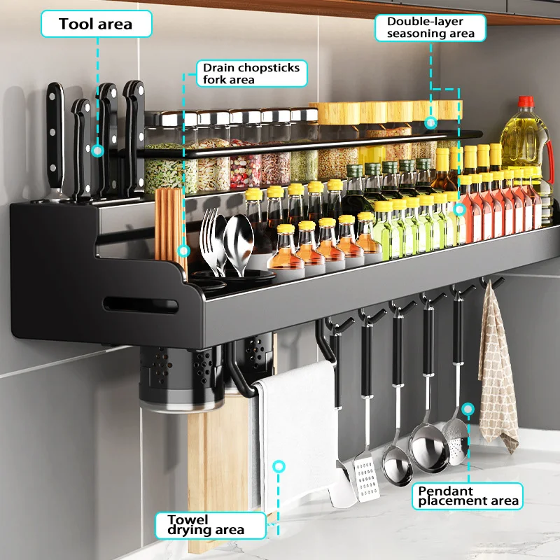 Imagem -03 - Double-layer Cozinha Organizador Faca Titular Tempero Prateleira sem Soco Parede-montado Spice Armazenamento Rack