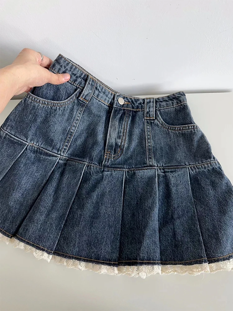 Amerykański Retro Kawaii dżinsowa Mini spódniczka damska seksowna Gyaru koronkowa patchworkowa wysoka talia plisowana spódnice z dżinsu spodenki Y2k