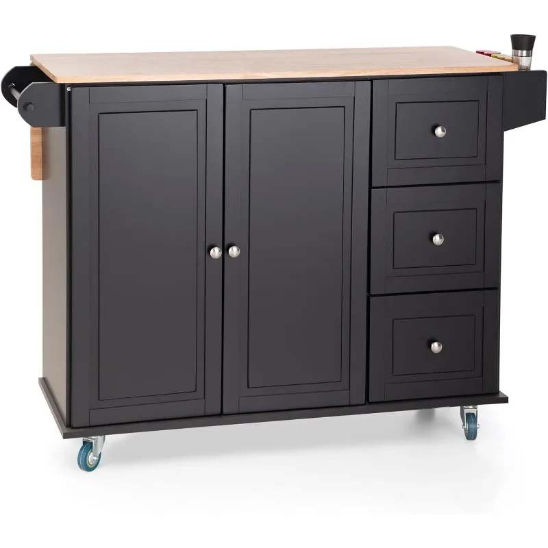 Kitchen Island Cart on Wheels with Drop-Leaf and Rubber Wood Top Rolling Kitchen Trolley Cart with Large Storage Cabinet Black