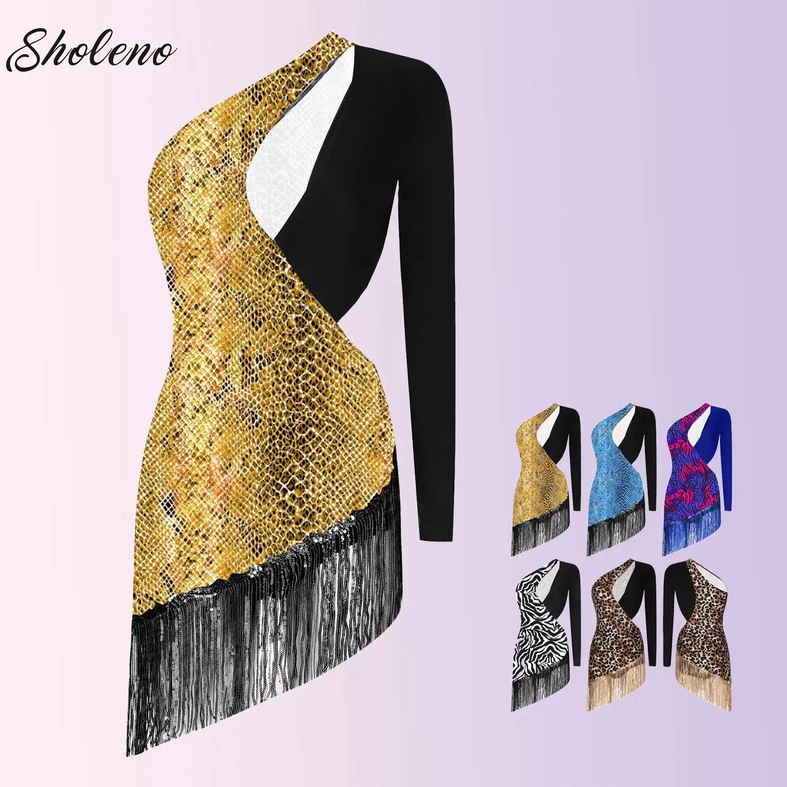 

Women Sparkling Tassels Latin Dancewear Sequins Latin Dance Leotard Bodysuit Cha-cha Samba Salsa Dress Stage Performance Costume