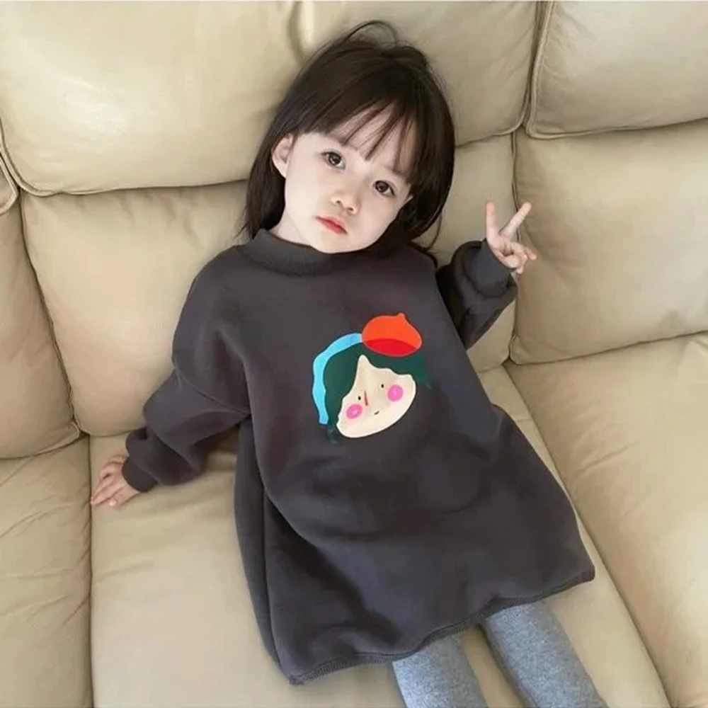 2-12 Years Kids Velvet Sweatshirts Dreses for Girls Warm Pullover Long Hoodies Toddler Baby Fall Casual Dress Outfits Children