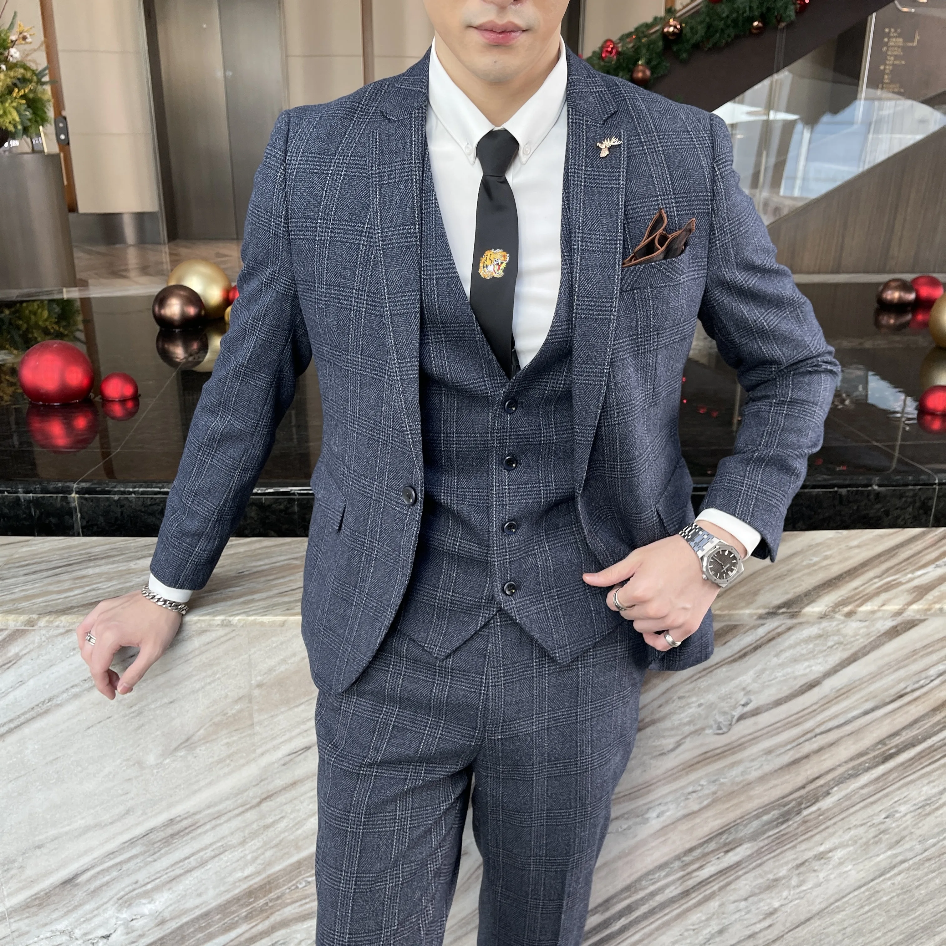 High Quality British Korean Modified Plaid Men (suit + Vest + Trousers) Stylish and Handsome Business Casual Three-piece Suit