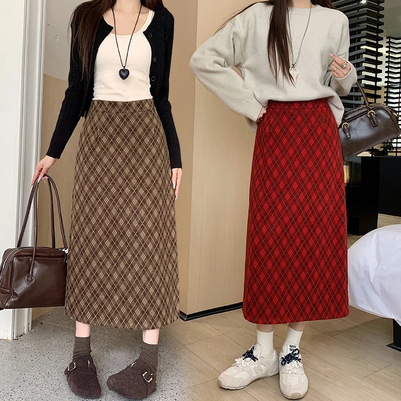 Plaid Print Skirts for Woman High Waist Long Skirt Woman Autumn and Winter Women's Skirts Streetwear A line Midi Skirt