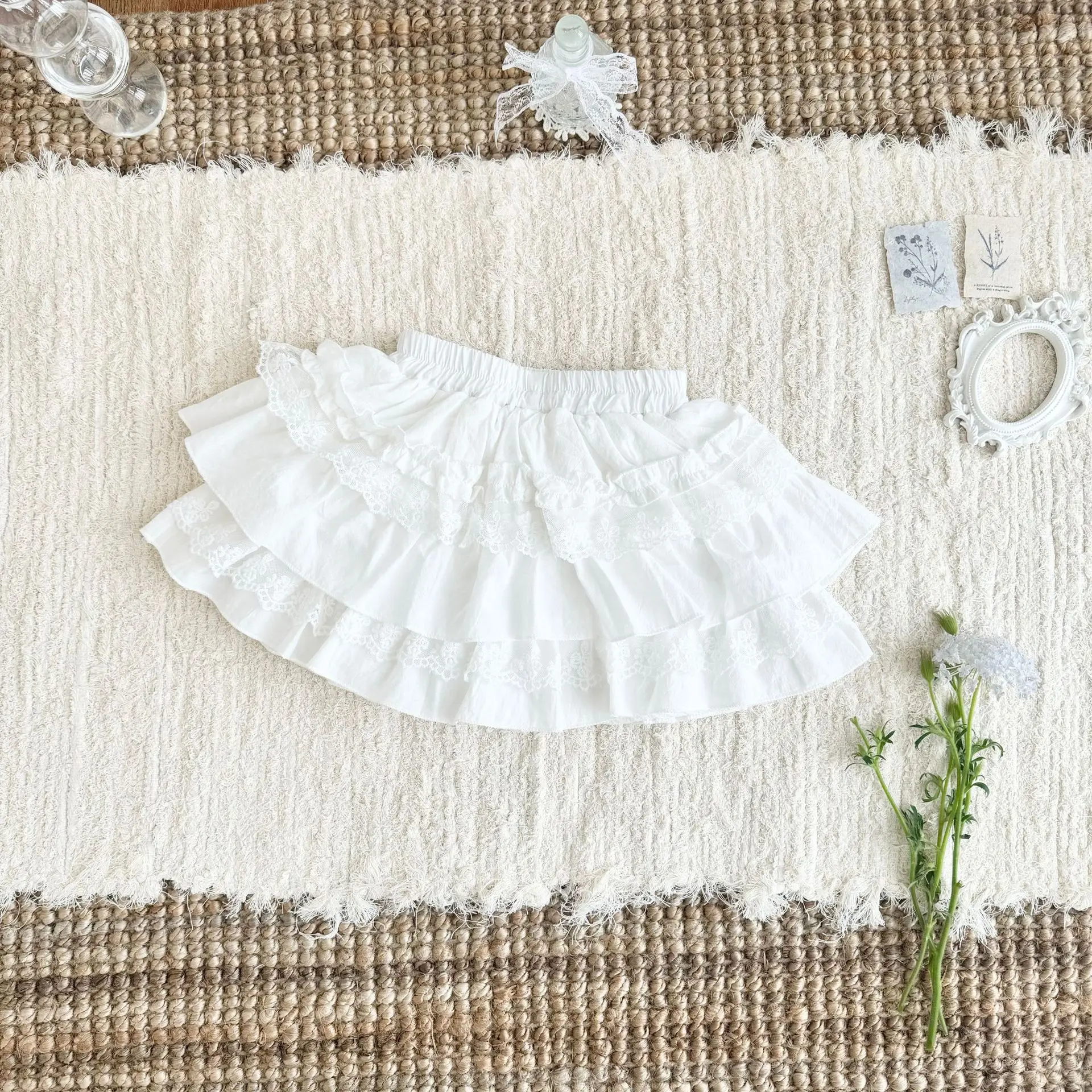 Korean Baby Girl Fluffy Skirt Cotton Patchwork Embroidery Lace Cake Skirt Multi-layer Safety Pants Skirt