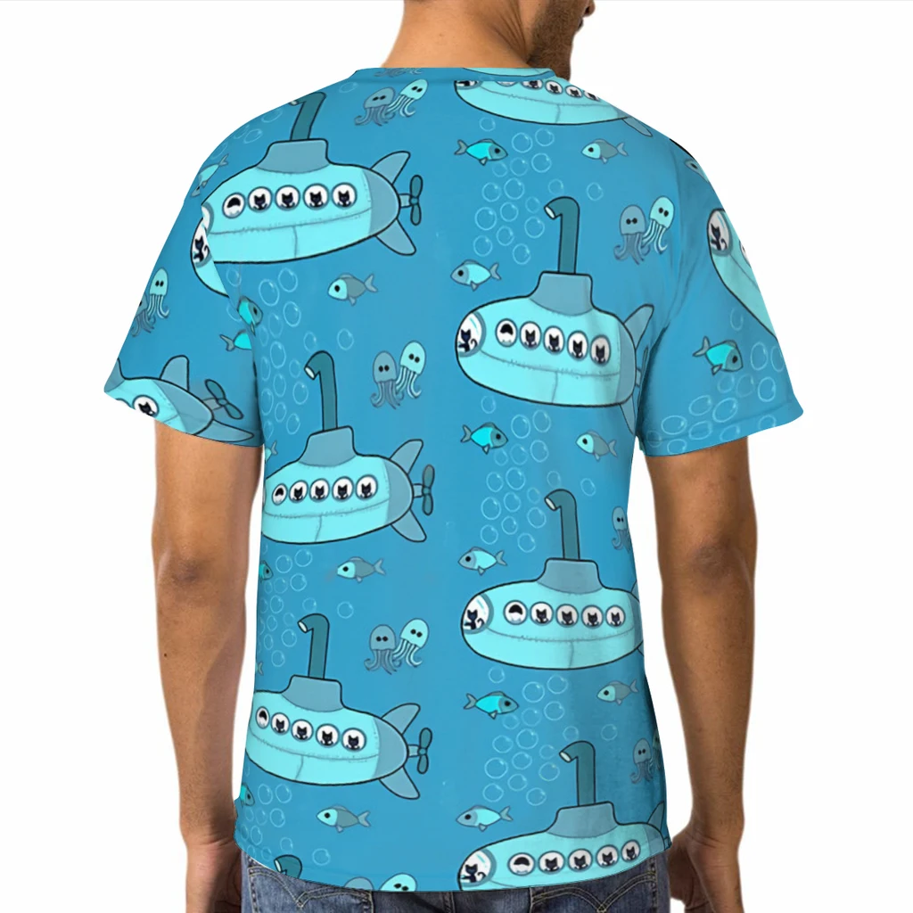 Kitty Aqua Submarine Adventure on Teal Summer Mens T Shirts  3D Printed Breathable Polyester Tops Quick-drying Short Sleeve