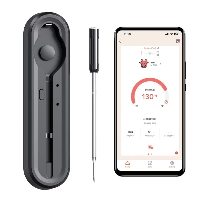 Wireless meat thermometer, remote monitoring alarm