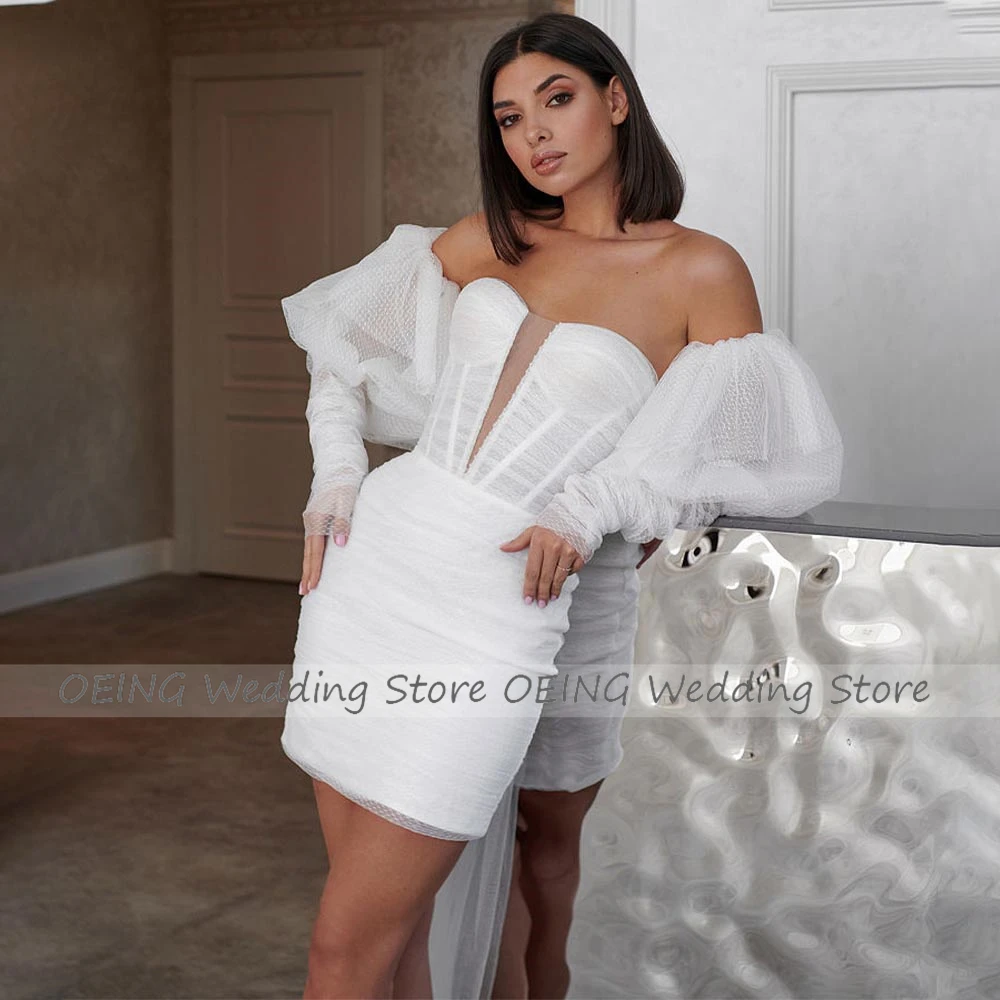 Sheath/Column Wedding Dress Mini Puff Sleeves Deep V Neck Sexy Wedding Gown for Women 2023 Bride Watteau Train Short Bridal Gown