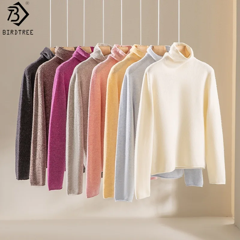 Birdtree,86.5% Wool 13.5% Yak Wool Knitted Undershirt,Women Seamless Pile Collar Basics Shirt,Autumn/Winter Pullover T5O004JF