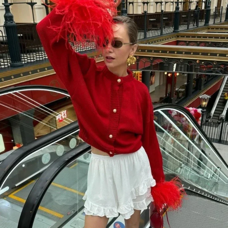 Spring Autumn New Fashion Niche Design Sense Round Neck Single Breasted Cuffs Hairy Patchwork Cardigan Sweater Women's Clothing