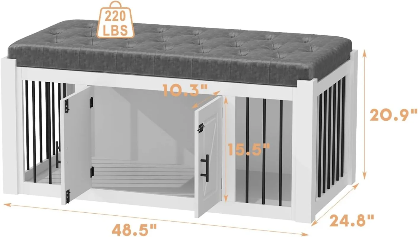 Dog Crate Furniture for Large Dogs,End of Bed Bench Ottoman with Cushion, Indoor Furniture Style Dog Crate House , White