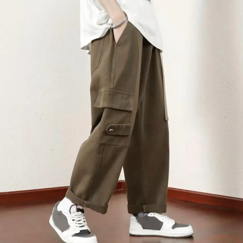 Men Pants Vintage Loose Men's Cargo Pants with Elastic Waist Multi Pockets Strap Decor Soft Breathable Streetwear for Daily