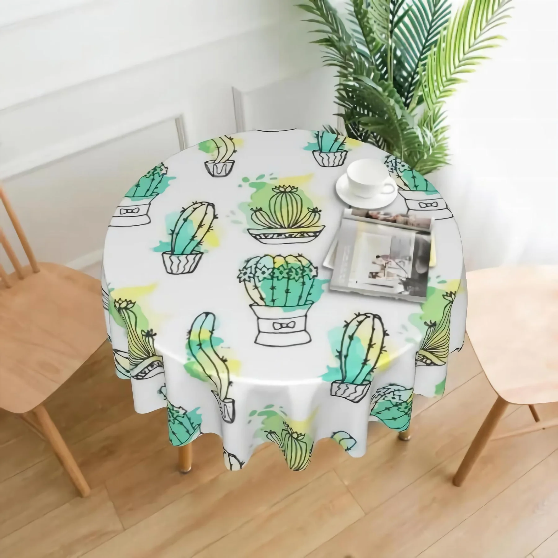 Colorful Watercolor Cactus Round Tablecloth 60 Inch Wrinkle Spillproof Table Cloth for Party and Family Gatherings