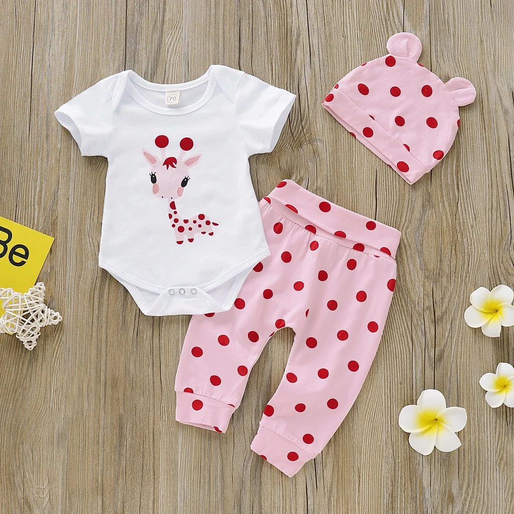 3PCS Cute Clothing Set Newborn Baby Girl Deer Print Short Sleeves Bodysuit+Pink Pants+Hat Summer Casual Oufits for 0-18 Months