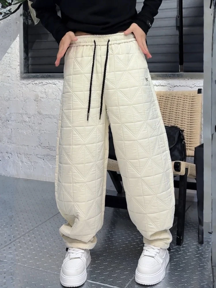 

Winter Men's Plaid Thiened Warm Cotton Pants Loose Straight Casual Trousers Faionable Brand Small Logo Design