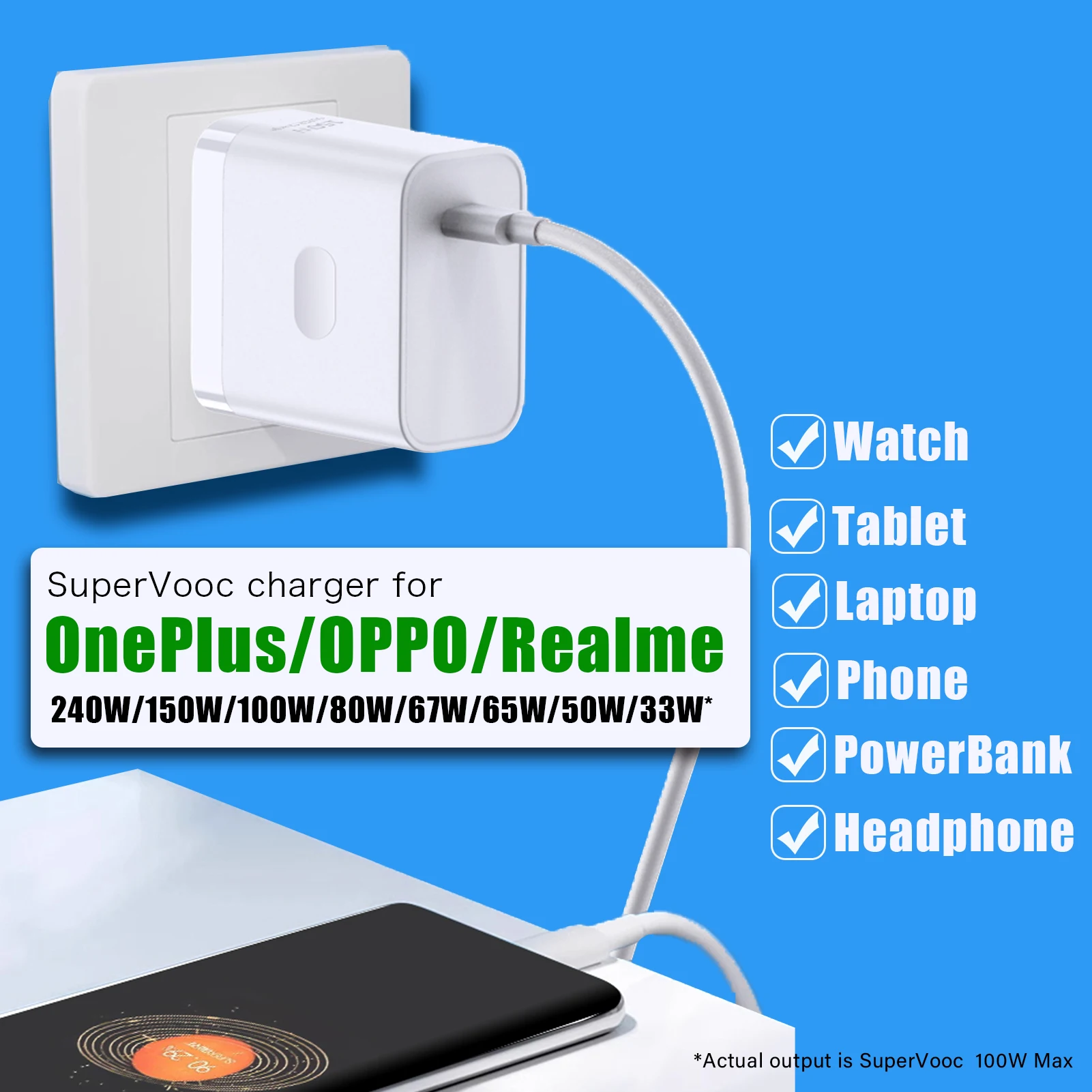 For OnePlus charger SuperVooc 240W realme superdart adapter oppo wall adapter PD65W for macbook iPhone Samsung tablet PPS charge