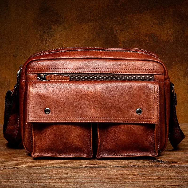 Retro Vegetable Tanned Leather Shoulder Bag Men's Messenger Bag Leisure Korean Style Small Backpack for Casual Use