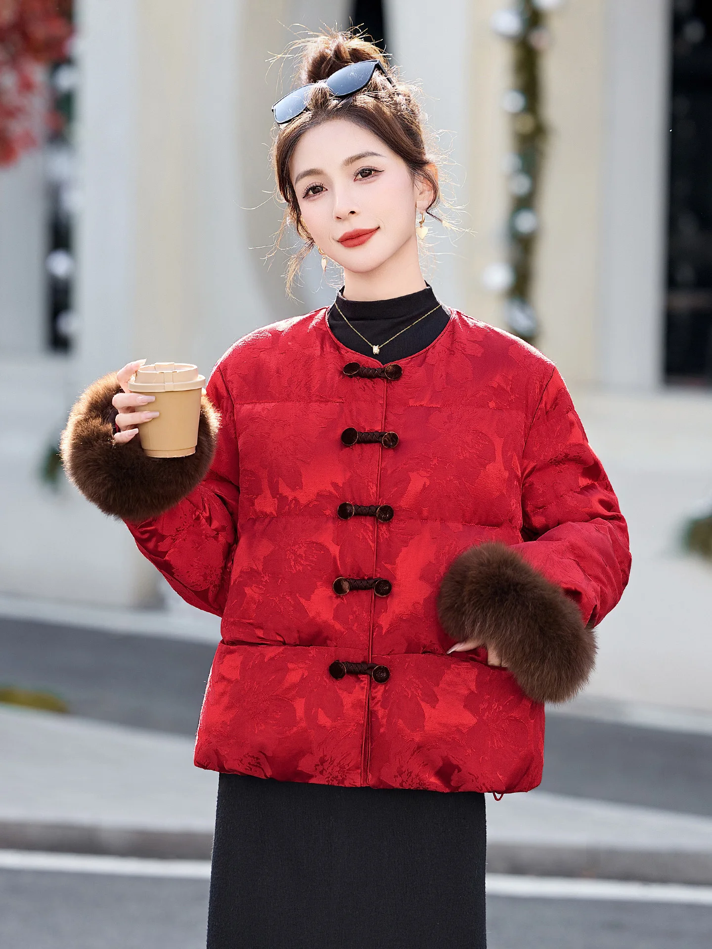 Vermelho chinês sle ort down jaet feminino inverno high end tendência nacional colarinho botão pele sve outerwear