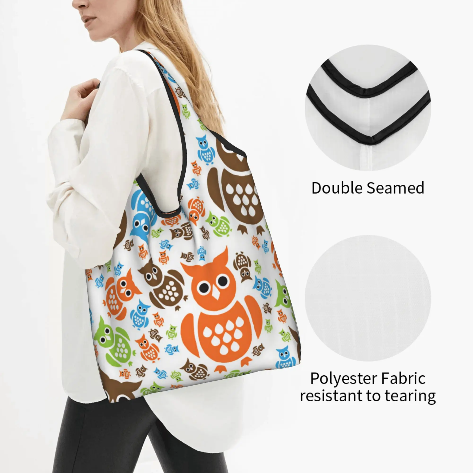 Recycling Cute Cartoon Owls Seamless Pattern Shopping Bag Women Tote Bag Portable  Grocery Shopper Bags