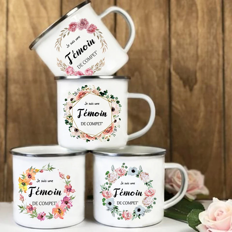 French Flower Printed Coffee Mugs Bachelorette Party Wine Mug Bridesmaid Witness Enamel Cup Engagement Wedding Gifts for Witness