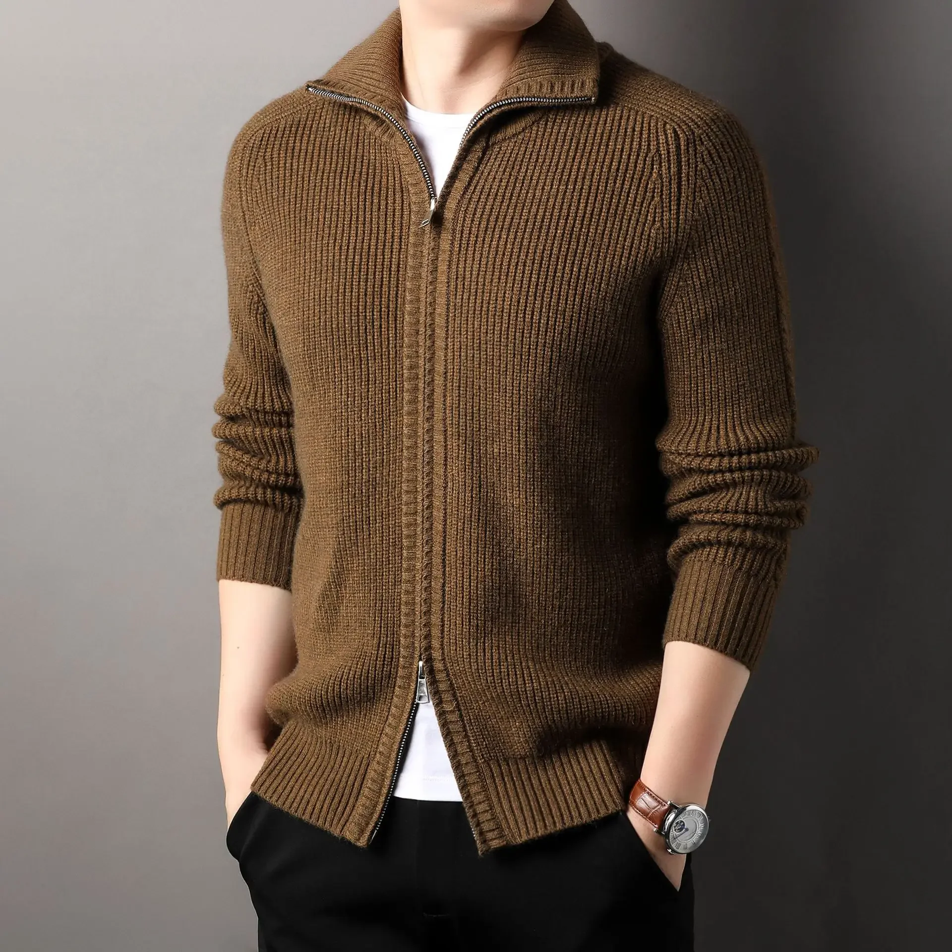 

Мужской кардиган-свитер на молнии от ведущего бренда, с отложным воротником, плотный, для осени и зимы, повседневная мужская модная одежда