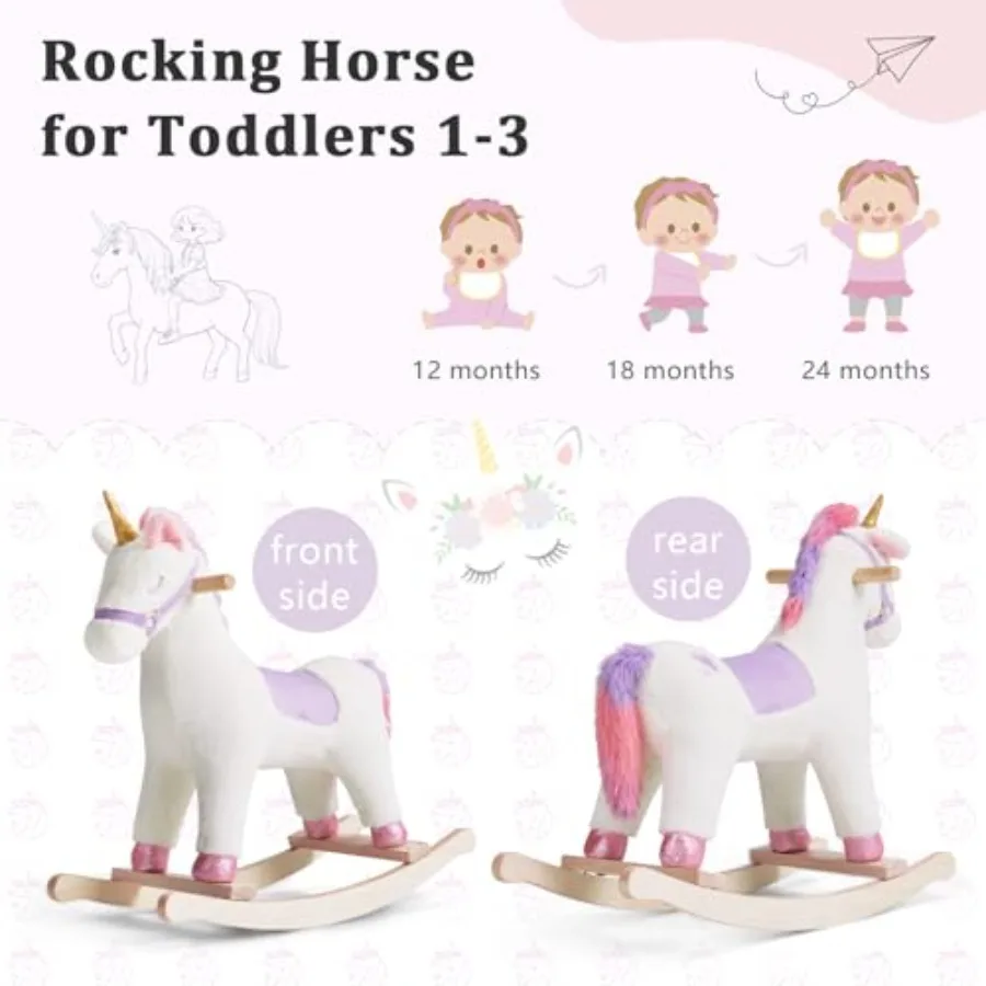 Toddler Rocking Horse, Ride Unicorn, Kid Ride On Toys for 1-3 Year Old, Plush Animal Rocker with Realistic Sounds, Baby Unicorn
