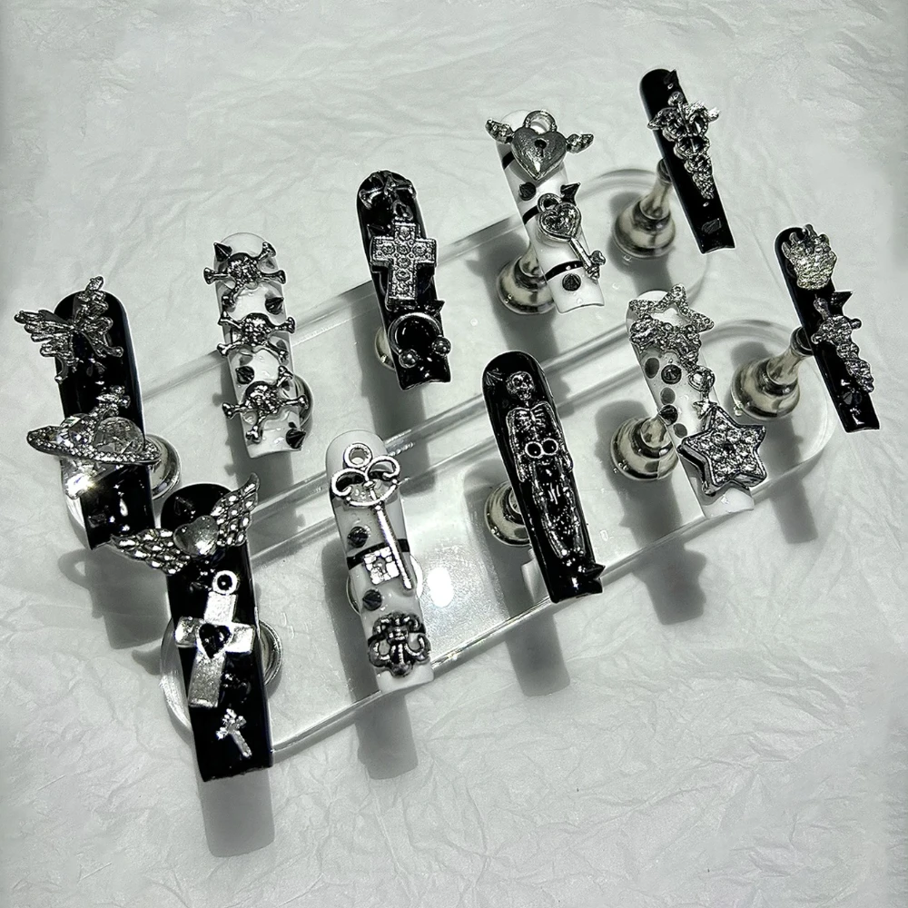 Extra Long Tube Square Y2K Black White Stripes Press On Nails Handmade Gyaru Stars Cross Fake Nails Planet Gothic Nail Art