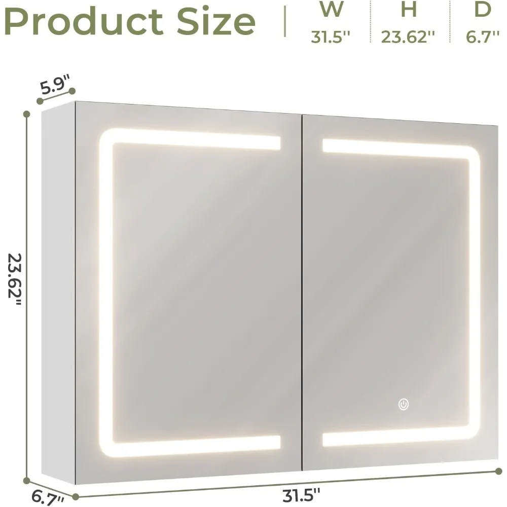 Medicine Cabinet with Mirrors and Storage 31.5''x23.6'' Wall Mounted Bathroom Mirror Cabinets with Led Light Double Doors Mirror