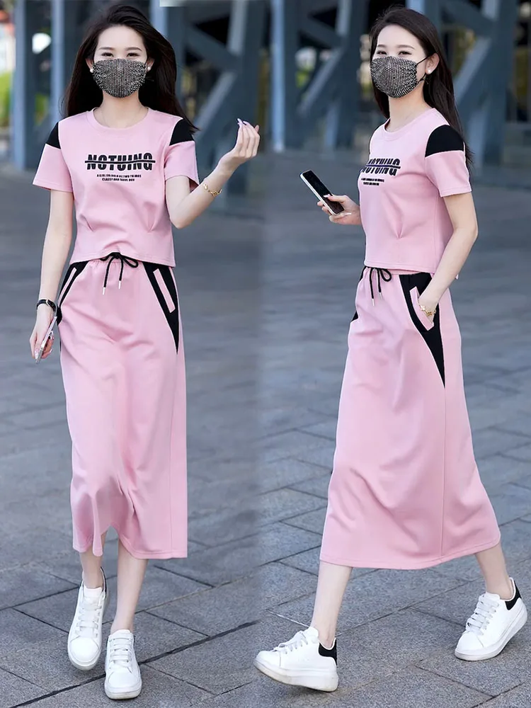 

Fashion Leisure Color Blocking Women Short Sleeve T-Shirt Ankle-Length Skirt Casual Sport Loose Commute Two-Piece Set