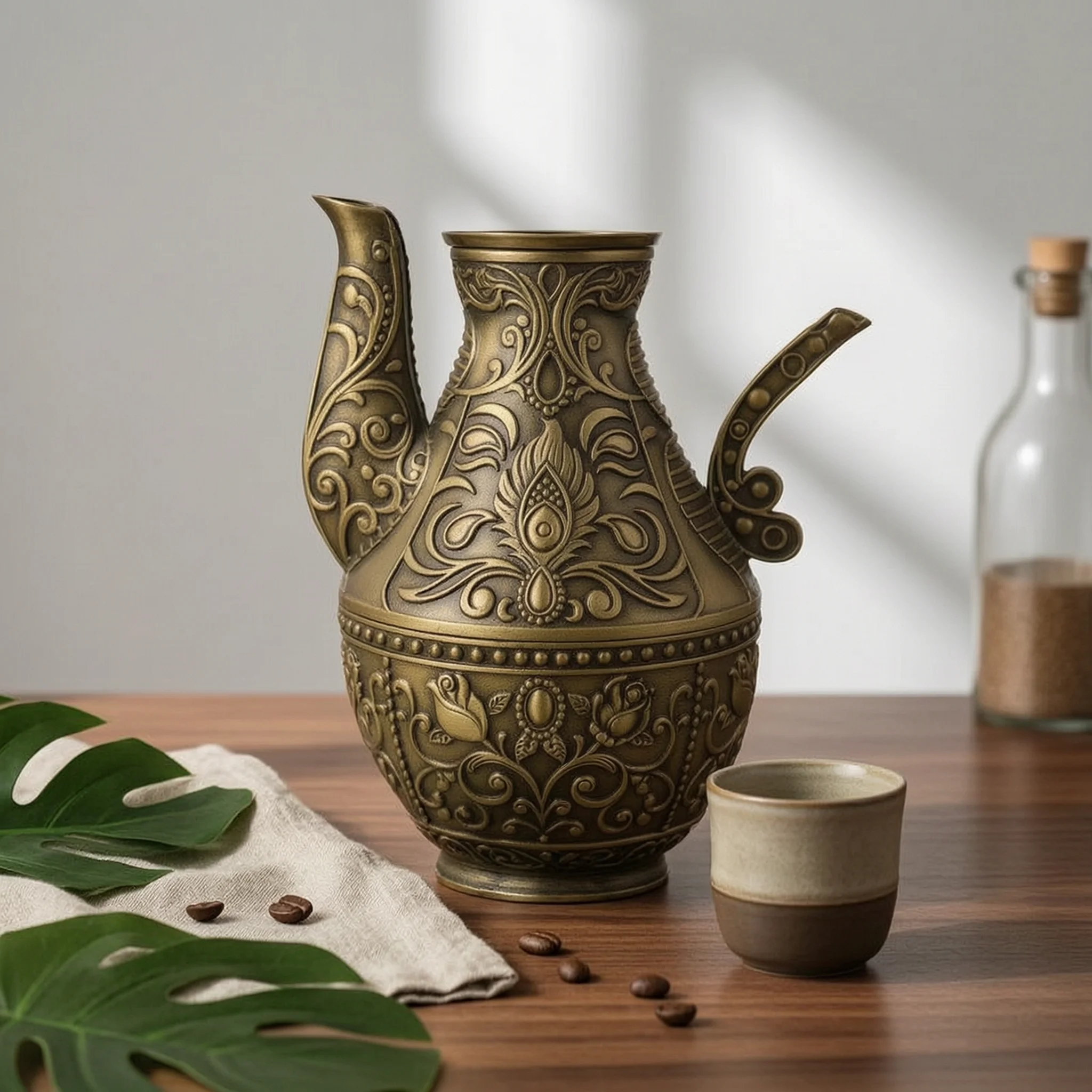 Decorative Liquor Service Set with Tray Classical Relief Ewer and Stemmed Cups Flagon Set for Hosting