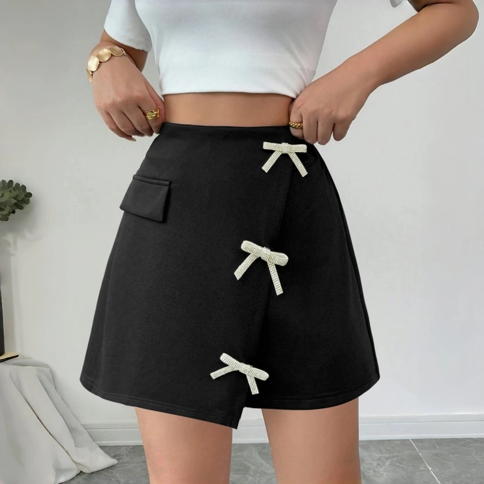 Women's Asymmetrical Hem Skort Black Rhinestone Bow Decor Spring Summer Fashion Casual Versatile Shorts for Daily Commute