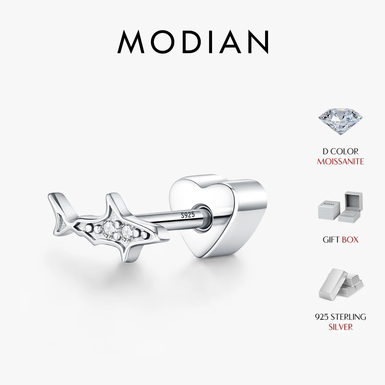 MODIAN D Color Moissanite Helix Earrings 925 Sterling Sliver Screw Stud Earrings Small Shark Earrings For Women Fine Jewelry