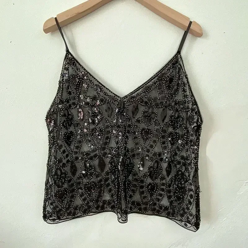 2025 Women's Summer High Quality Sequin Bead Sexy Sling Slim Fit Short V-neck Straight Tank Top Korean Fashion Clothing image 2