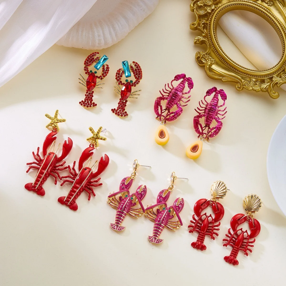 Kreative, übertriebene rote Strass-Hummer-Ohrhänger für Damen und Herren, glänzende, modische Meerestier-Sommerohrringe, Partyschmuck – Detail 9