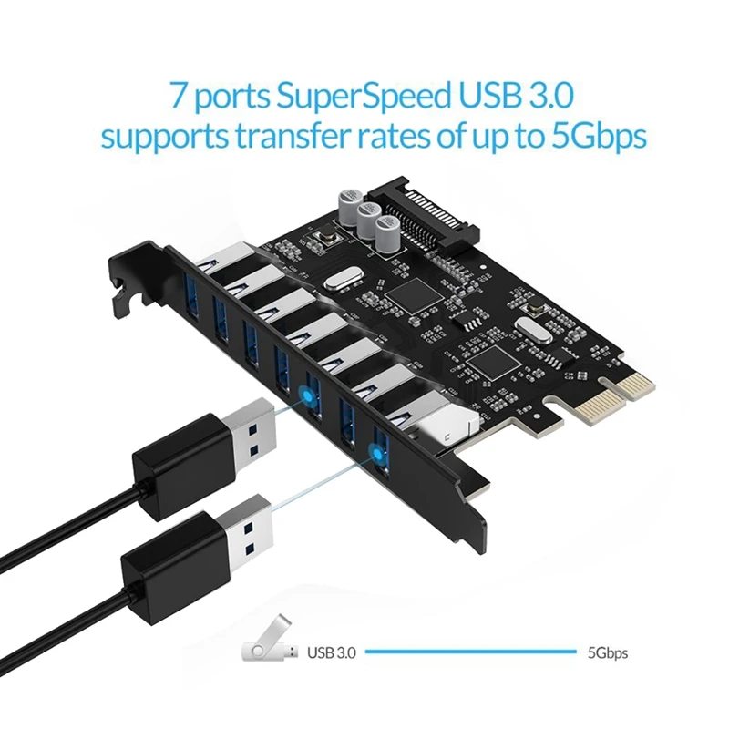 Cartão USB 3.0 PCI-E Express com um conector de alimentação SATA de 15 pinos, super velocidade, 7 portas, adaptador PCIE