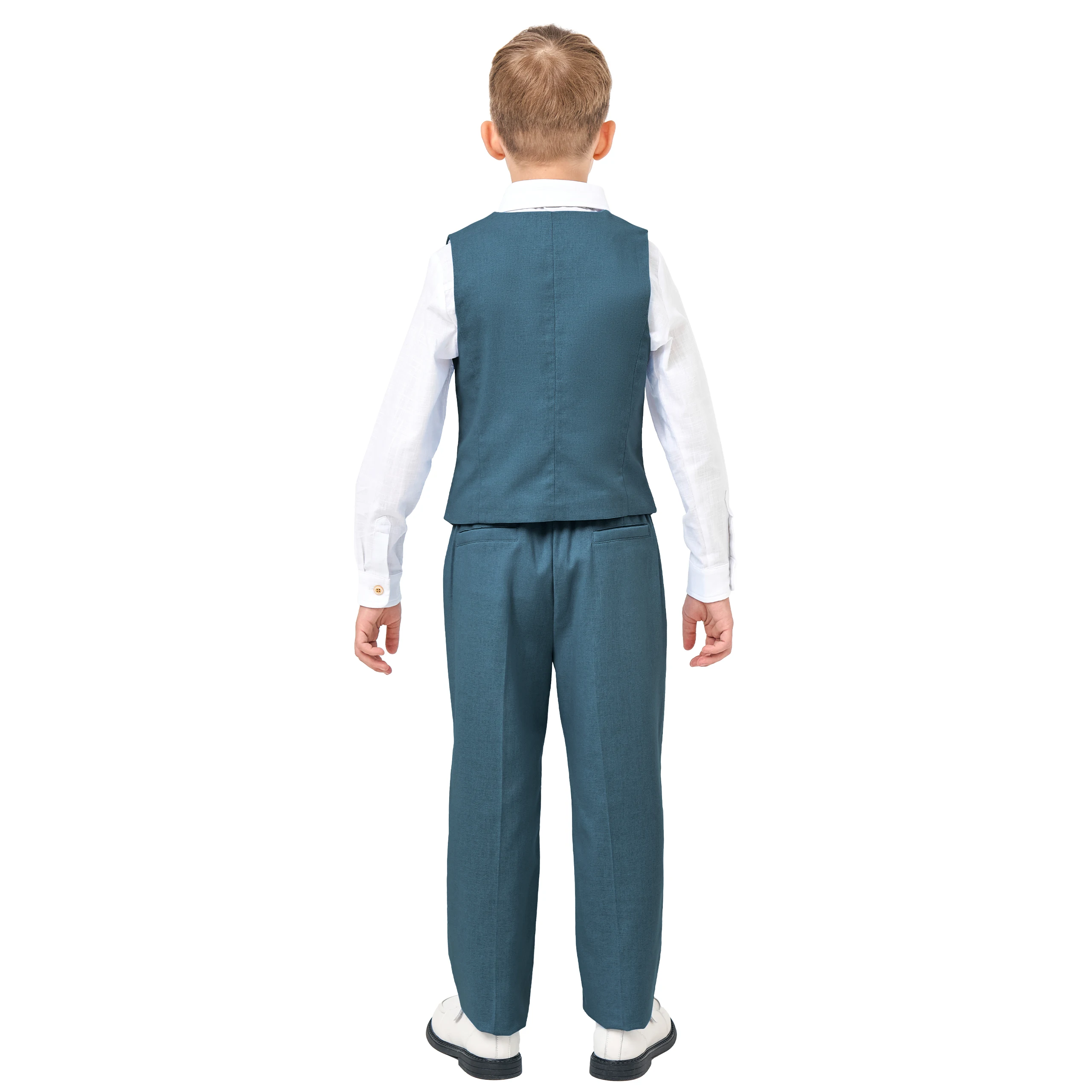 LOlanta 4Pcs Boys Linen Suit Dress Clothes Kids Graduation Wedding Outfit Shirt Vest Pants Set with Bow Tie 5-12 Years