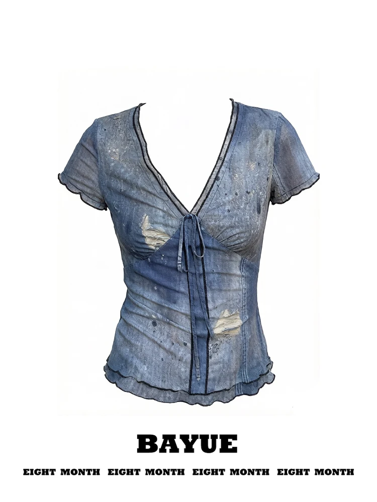 Blue Splashed Denim Print T-Shirt Women Summer Spicy Slim Fit Short Sleeve V-Neck Mesh Top Casual Style Wooden  Short Length