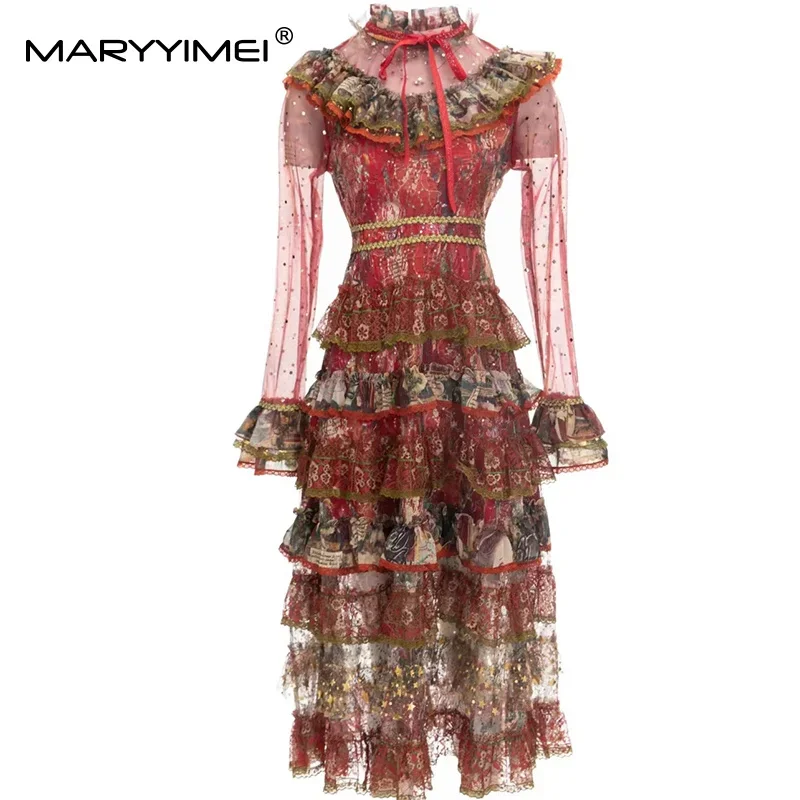 

MARYYIMEI модный дизайн женское платье с воротником-стойкой на шнуровке с расклешенными рукавами и высокой талией с воланами и блестками элегантные платья