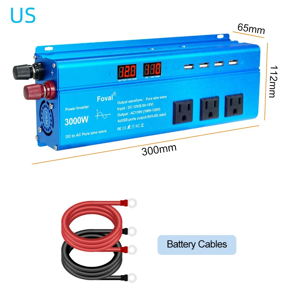 Inverter Pure Sine Wave 3000W DC 12V to AC 110V 120V Voltage Transfer Converter Charging Adapter US Socket