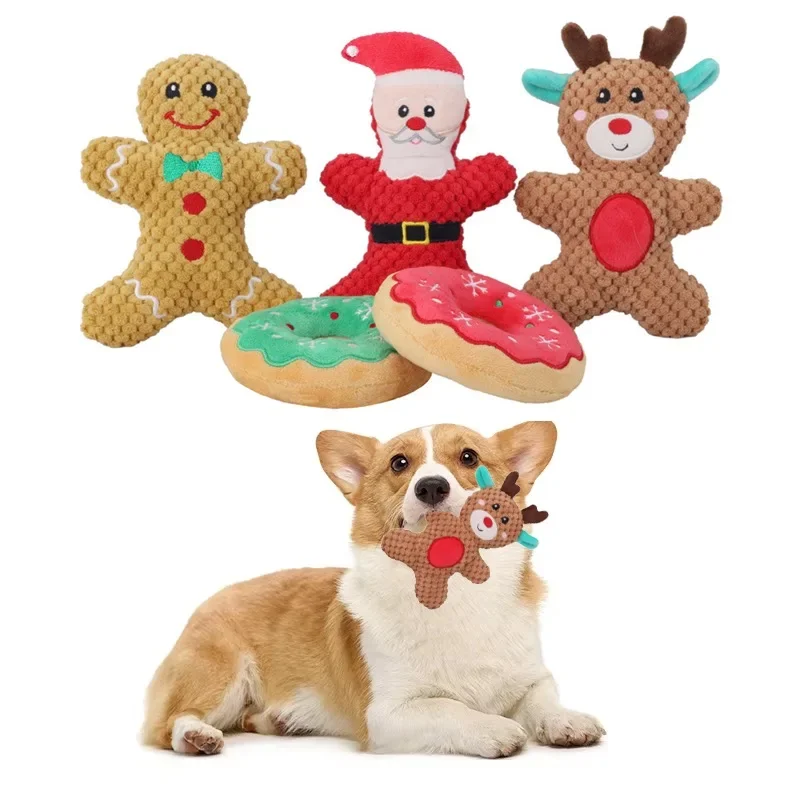 Xmas Pet Dog Plush Chew Toy Santa Elk Gingerbread Man Donut Cat Dog Christmas Series Cartoon Dog Toy Plush Squeak Toy Cookies