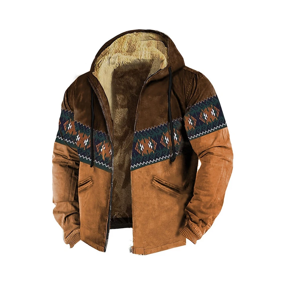 

Men's Winter Jackets Fleeced Male Coats Padding Windbreaker Vintage Aztec print Zip-up Hoodies Parka Warm Outerwears Sweatshirts