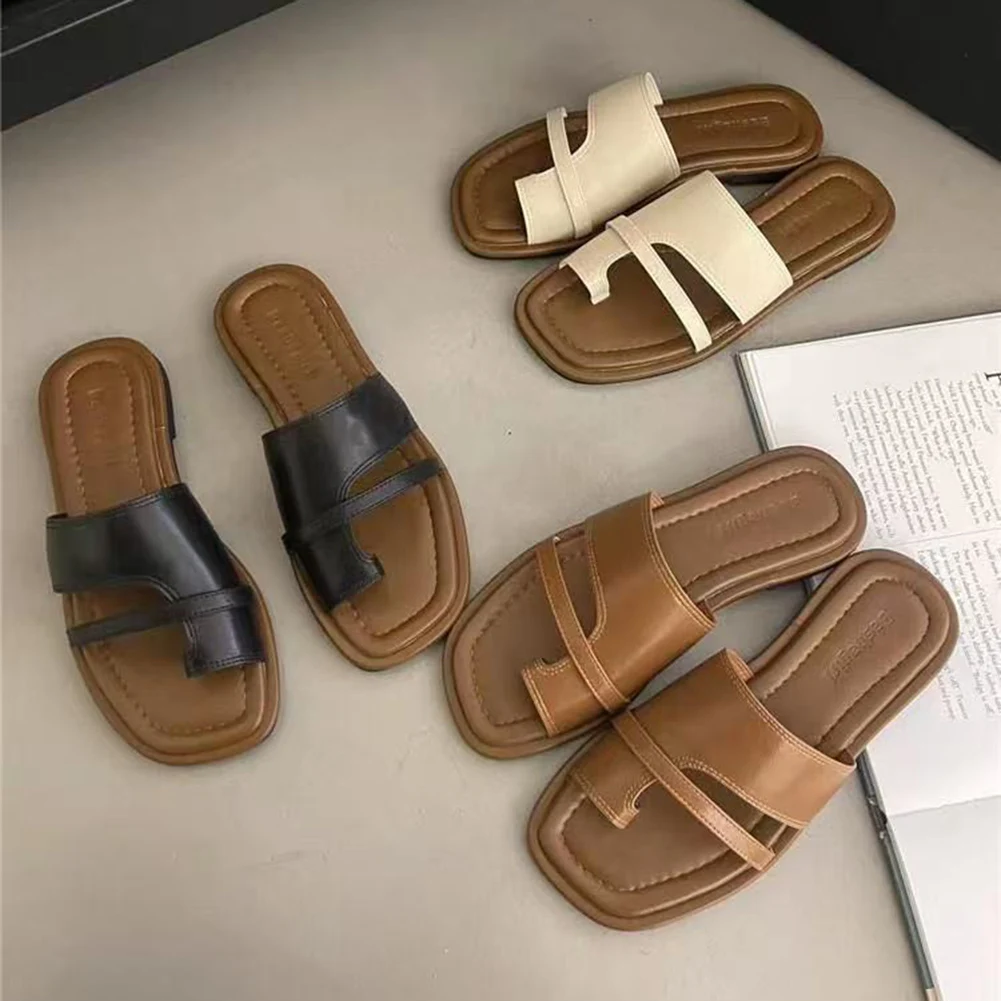 Sandália plana verão cor sólida sandálias planas dedo do pé aberto ao ar livre leve antiderrapante chinelos casuais praia sapatos femininos slides