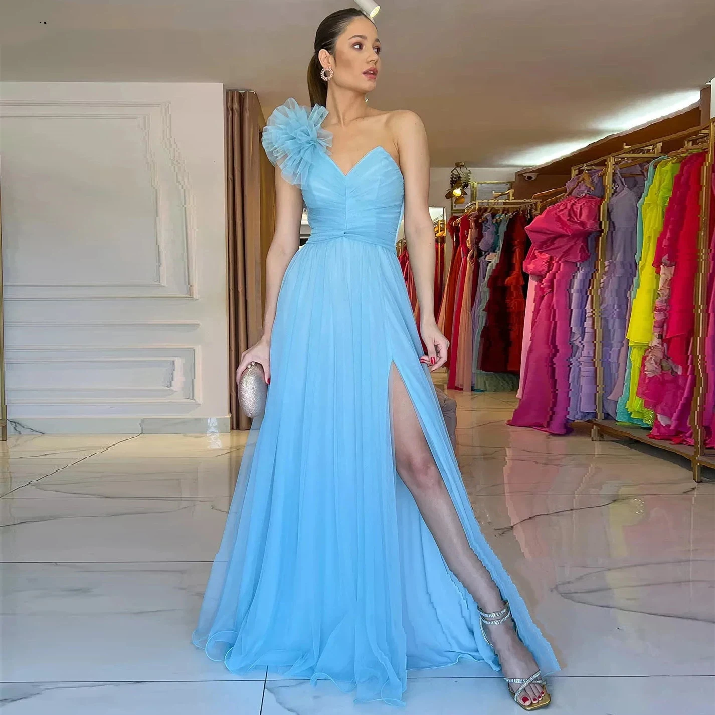 

Light Sky Blue Tulle Prom Dresses Women Formal Fuchsia Evening Gowns One Shoulder Split Arabic Vestido De Noche CUstomized