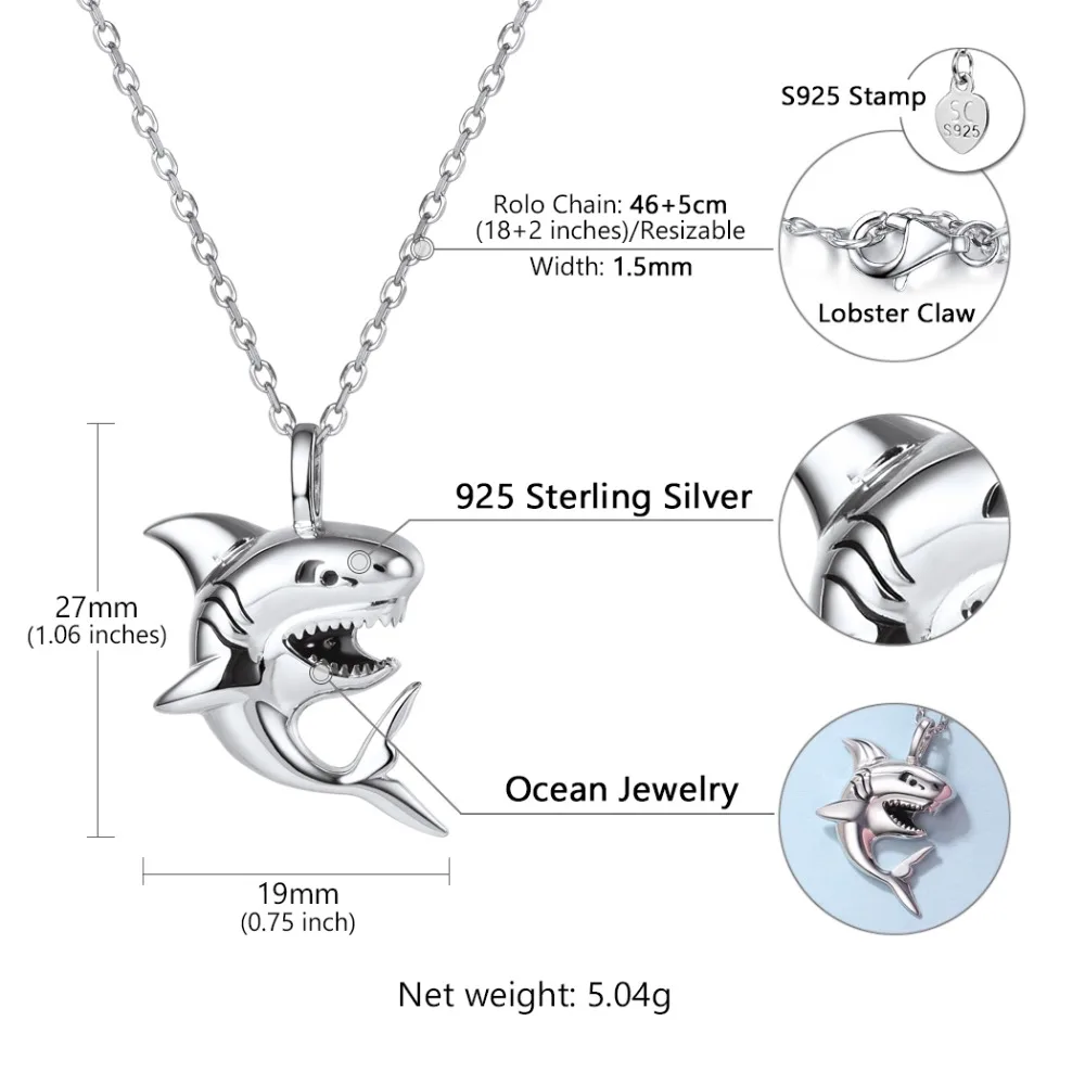 U7 925 Sterling Silver Shark Necklace Powerfull Sea Animal Pendant 18inches O-Chain Unisex Jewelry Men Women QC24