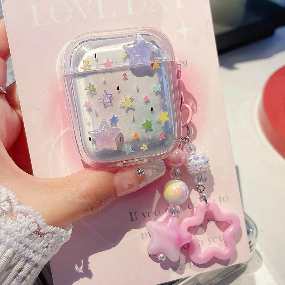 INS Colorful Stars Cute Wireless Bluetooth Earphone Box Shockproof Case For Apple Airpods Pro 2nd 3 2 4 Capa with Star Keychain