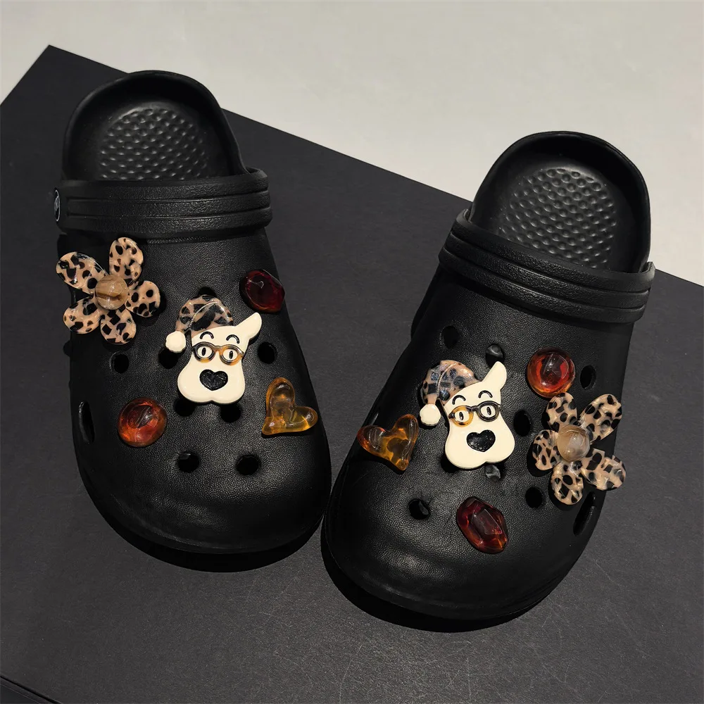Clog Shoe Charms Leopard Print Dog Glasses Brown Tone Amber Acetate Detachable Premium Accessory for Garden Sandals Travel